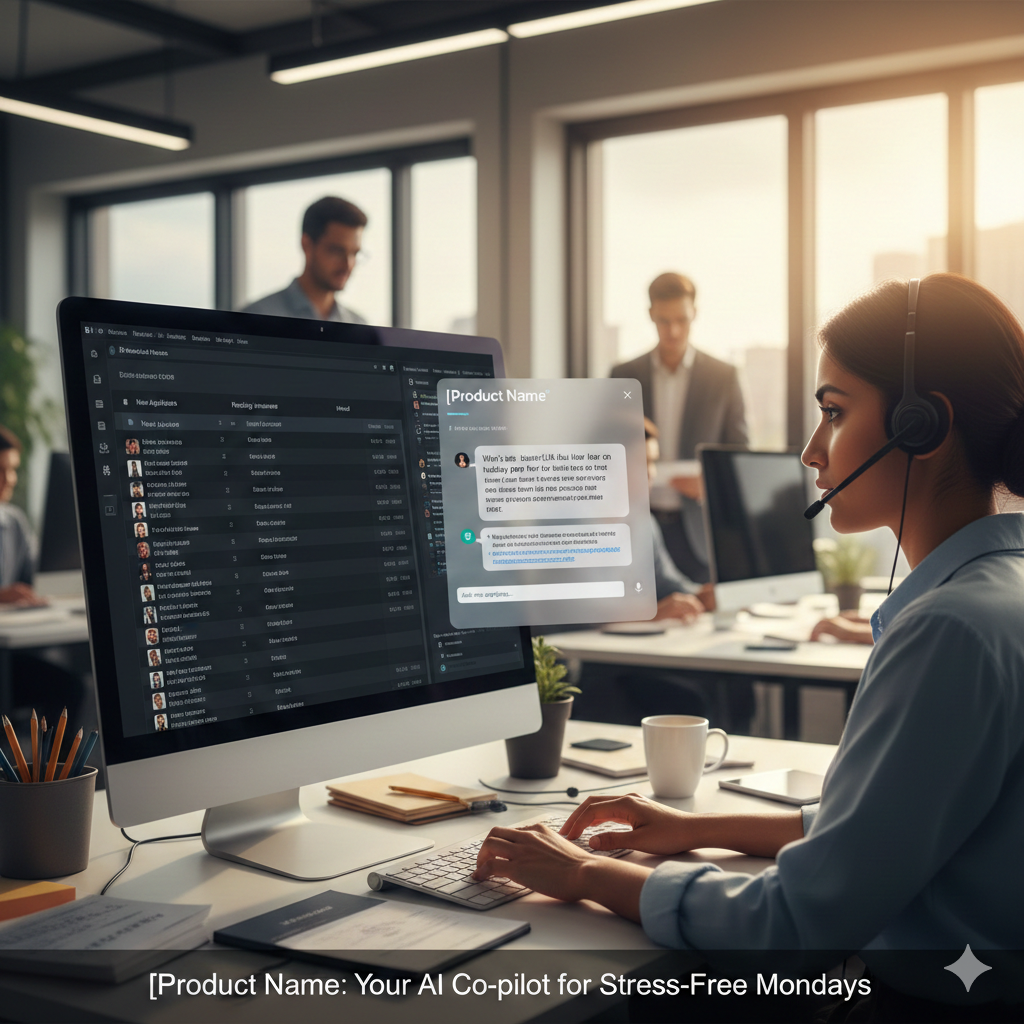 Customer support agent using an AI co-pilot at her desk